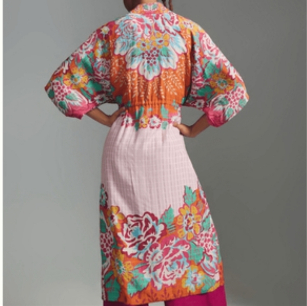 Anthropologie × Conditions Apply Floral Print Cinch Tie Waist Kimono Duster Top - Picture 2 of 16